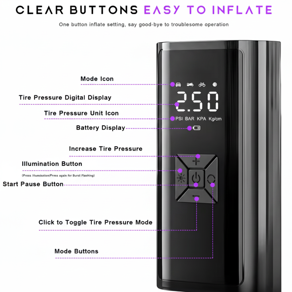 Tire inflator infographic with neon purple accents on white background